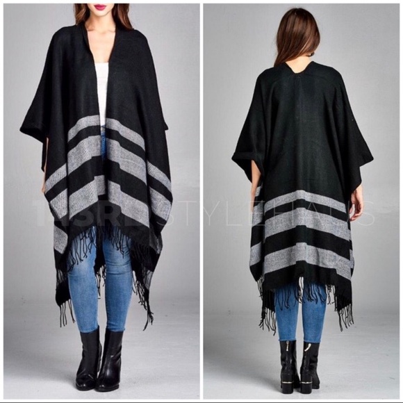 ❄️BLACK GRAY STRIPED PONCHO - Picture 4 of 7